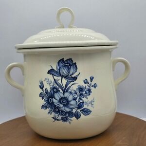 Vintage‎ Pot with Lid Blue Onion Floral Design Cream Color Two Handles